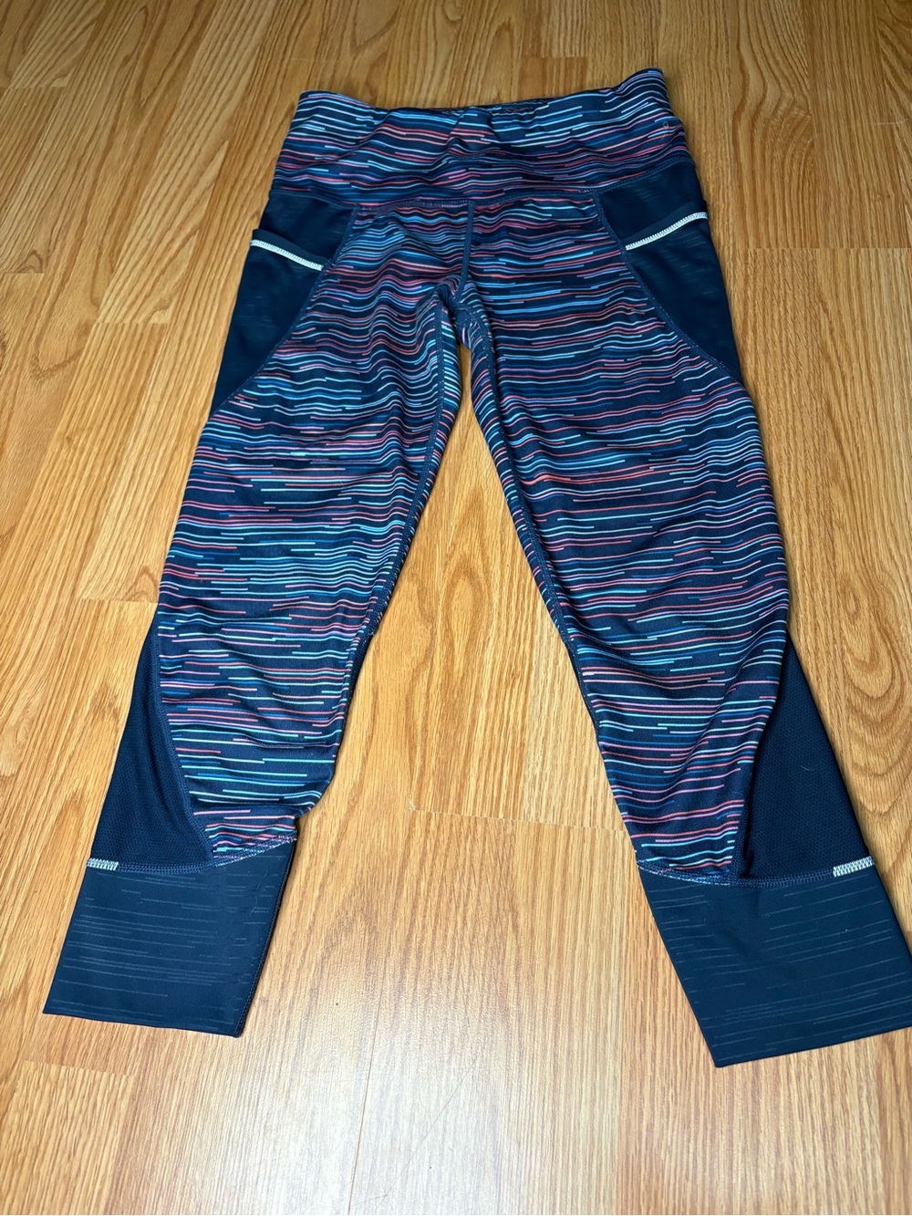 Athleta Navy Capri Leggings with Pink and Light Blue Stripes